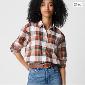 J Crew Womens Sz L Ivory Multi  Plaid Flannel Button-Down Shirt  GUC
